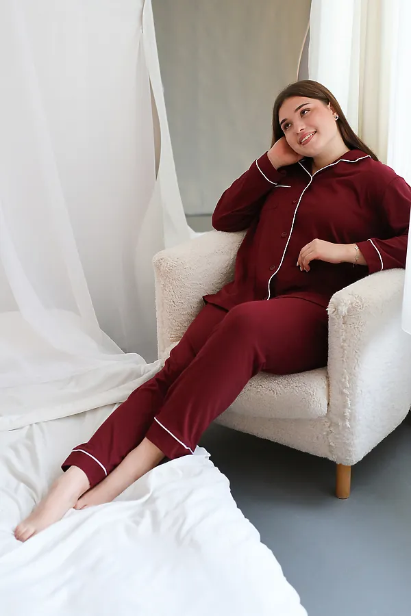 Пижама с брюками на пуговицах больших размеров Однотоннная НАТАЛИ, бордовый - фото 2