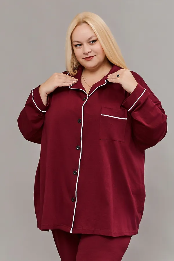 Пижама с брюками на пуговицах больших размеров Однотоннная НАТАЛИ, бордовый - фото 2