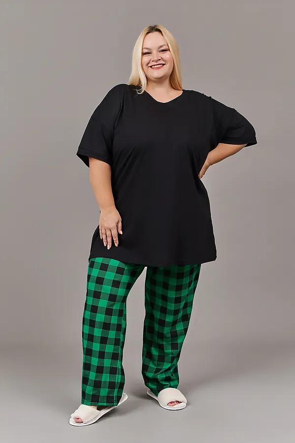 Пижама с брюками с брюками Больших размеров (П-111б-однотонная) НАТАЛИ, зеленый,черный - фото 2