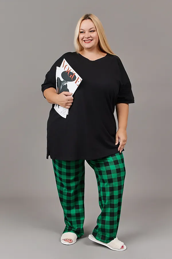 Пижама с брюками с брюками Больших размеров (П-111б-однотонная) НАТАЛИ, зеленый,черный - фото 2
