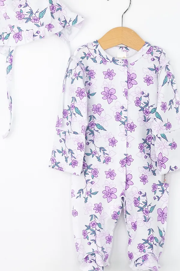 Комплект (Комбинезон+Чепчик) BABY BOOM, цветы сиреневые на белом - фото 2