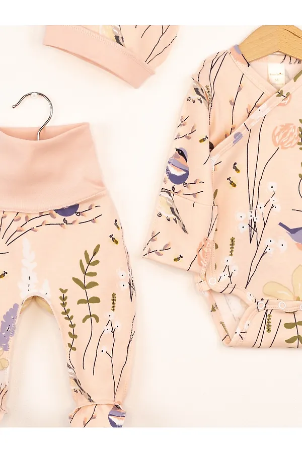 Комплект (Боди+Ползунки+Шапочка) BABY BOOM, птички на розовом - фото 2