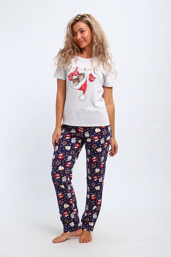 Костюм с брюками КД-008-080 Котята новогодние НАТАЛИ, белый меланж/синий - фото 2