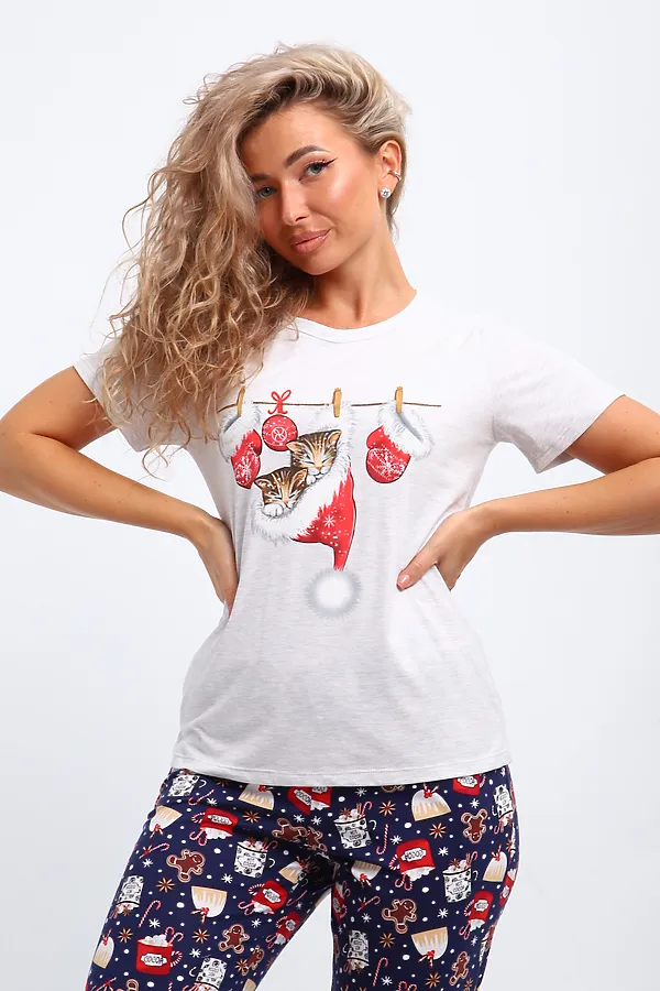 Костюм с брюками КД-008-080 Котята новогодние НАТАЛИ, белый меланж/синий - фото 2