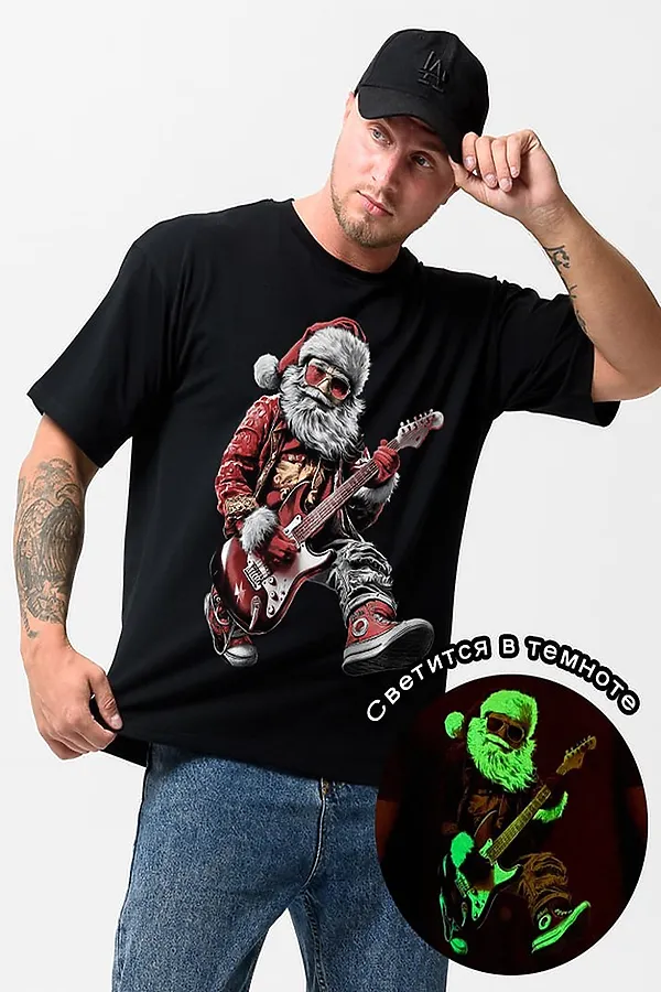8586 футболка оверсайз мужская НАТАЛИ, черный+д мороз с гитарой - фото 2
