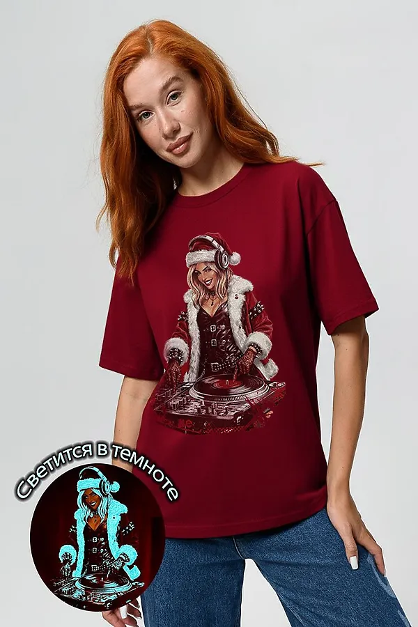 8585 футболка унисекс НАТАЛИ, бордовый+диско снегурочка - фото 2
