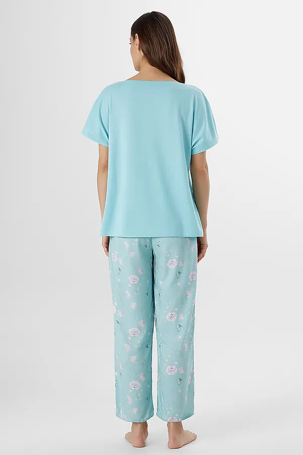 Комплект женский (футболка, бриджи) MARK FORMELLE, мятный +цветы на мятном - фото 2