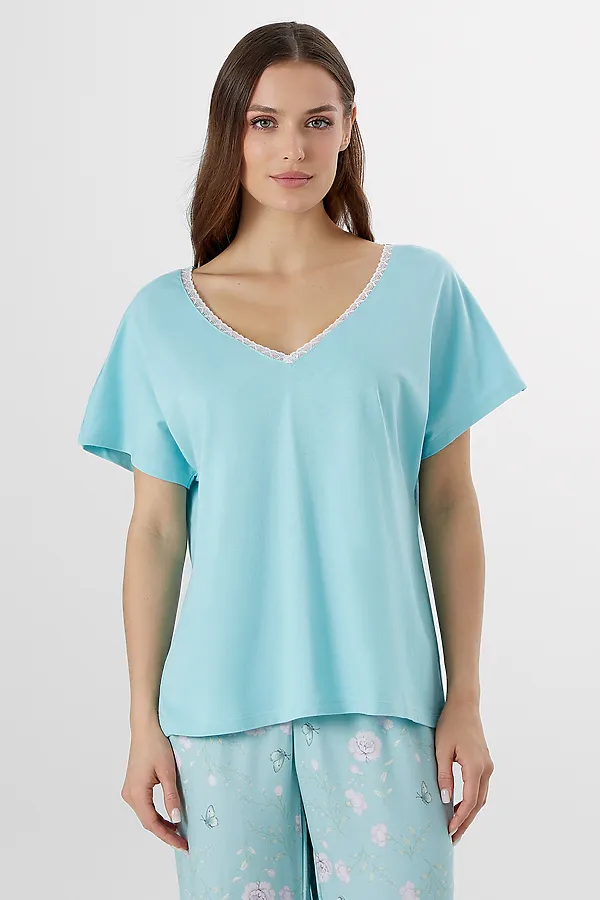 Комплект женский (футболка, бриджи) MARK FORMELLE, мятный +цветы на мятном - фото 2