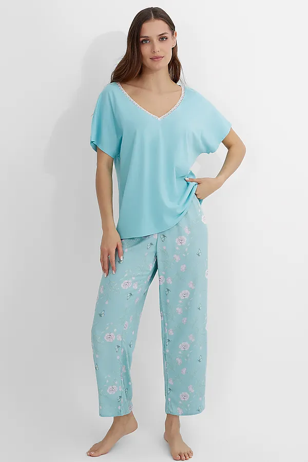 Комплект женский (футболка, бриджи) MARK FORMELLE, мятный +цветы на мятном - фото 2