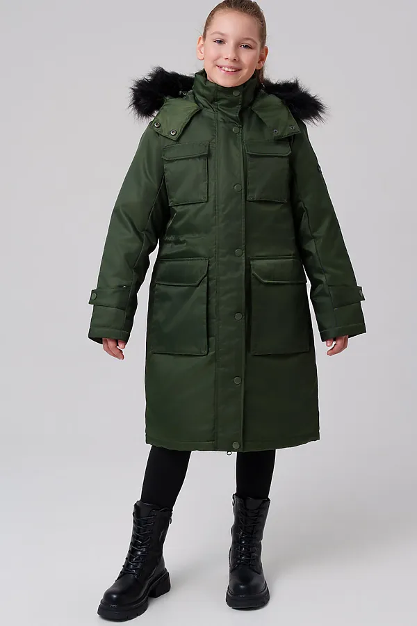 Пальто текстильное с полиуретановым покрытием для девочек PLAYTODAY, темно-зеленый - фото 2