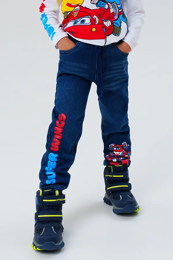 Брюки текстильные джинсовые утепленные флисом для мальчиков PLAYTODAY, тёмно-синий - фото 2