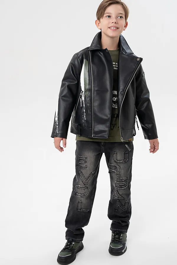 Куртка кожаная для мальчиков PLAYTODAY, черный,хаки - фото 2