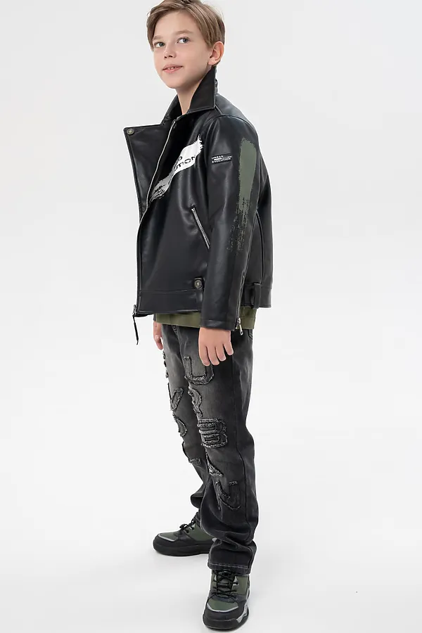 Куртка кожаная для мальчиков PLAYTODAY, черный,хаки - фото 2