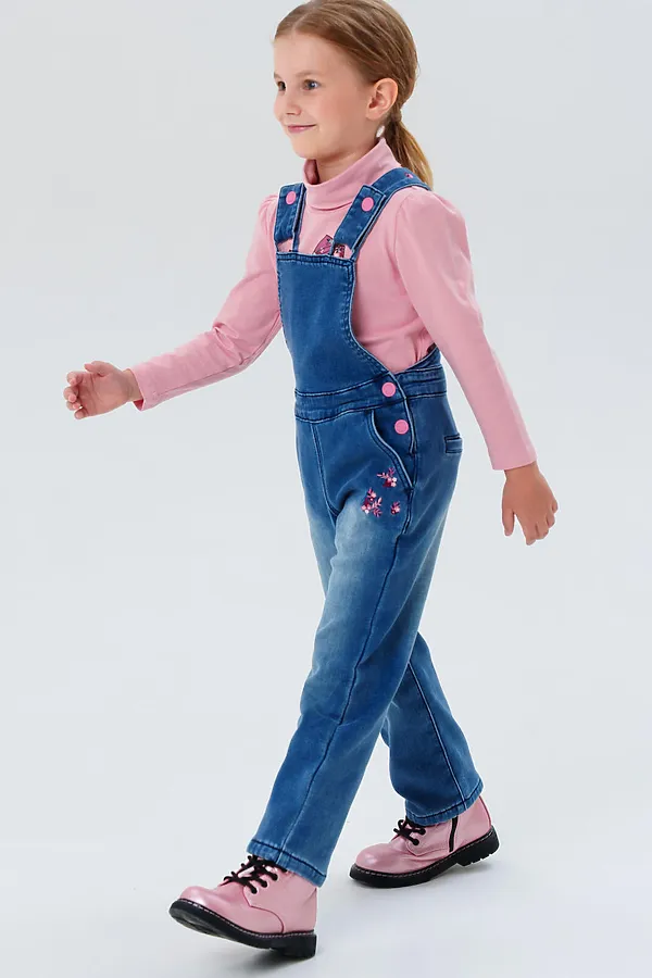 Полукомбинезон текстильный джинсовый утепленный флисом для девочек PLAYTODAY, тёмно-синий - фото 2