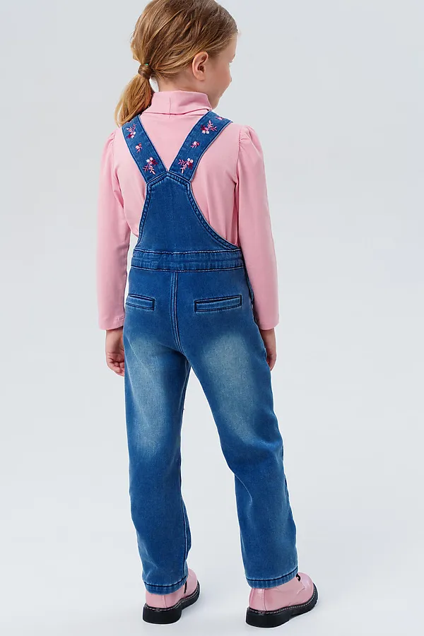 Полукомбинезон текстильный джинсовый утепленный флисом для девочек PLAYTODAY, тёмно-синий - фото 2