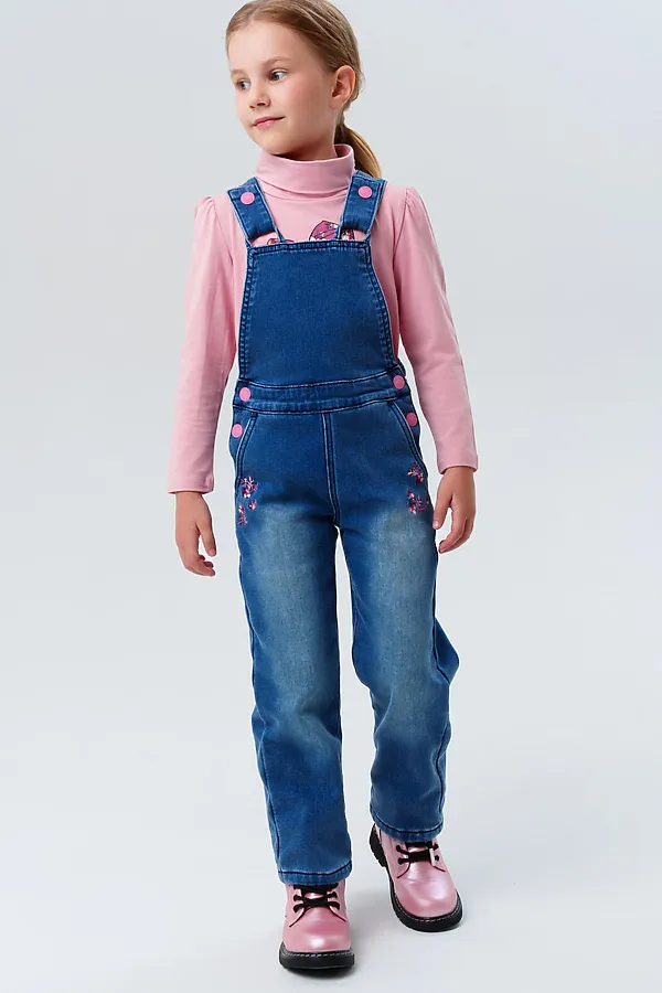 Полукомбинезон текстильный джинсовый утепленный флисом для девочек PLAYTODAY, тёмно-синий - фото 2