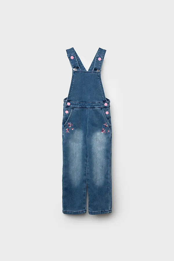 Полукомбинезон текстильный джинсовый утепленный флисом для девочек PLAYTODAY, тёмно-синий - фото 2