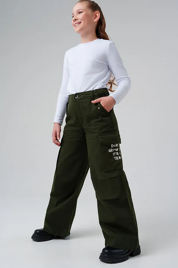 Брюки текстильные для девочек PLAYTODAY, хаки - фото 2