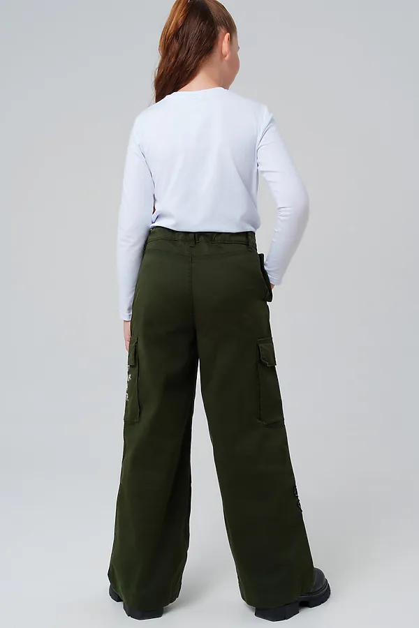 Брюки текстильные для девочек PLAYTODAY, хаки - фото 2