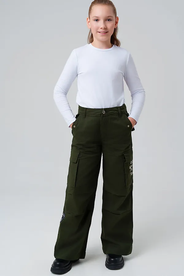 Брюки текстильные для девочек PLAYTODAY, хаки - фото 2