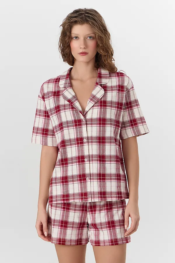Комплект женский (рубашка, шорты) MARK FORMELLE, молочно -бордовая клетка - фото 2