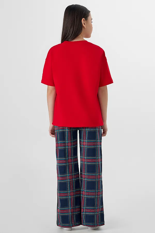 Комплект для девочек (джемпер, брюки) MARK FORMELLE, красный +клетка на т.синем - фото 2