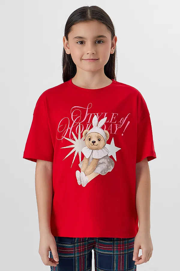 Комплект для девочек (джемпер, брюки) MARK FORMELLE, красный +клетка на т.синем - фото 2