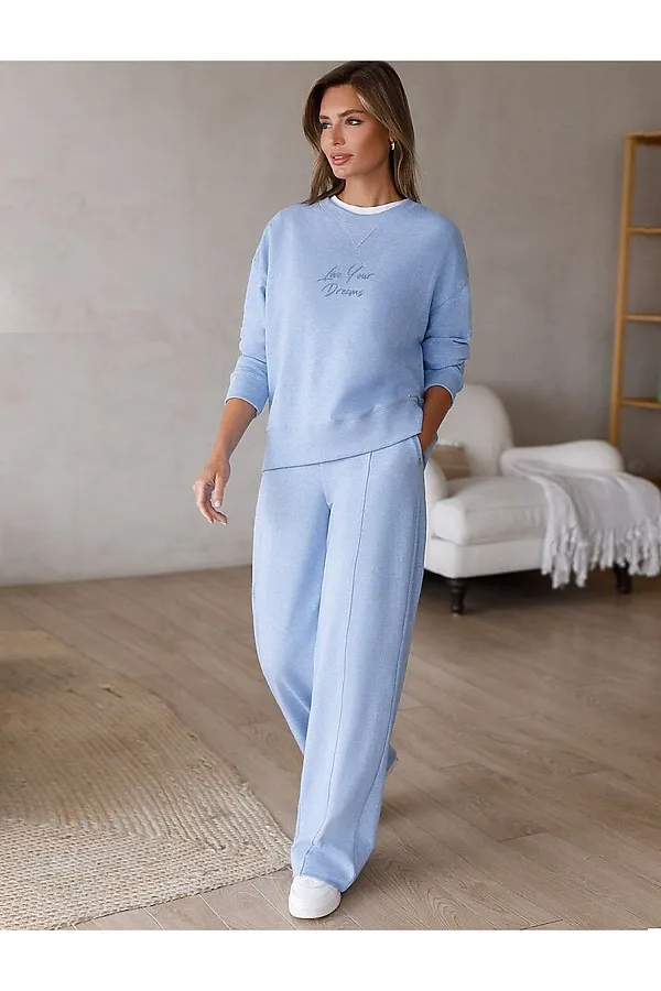 Брюки прямые из премиального футера двухнитки с эластаном VILATTE, голубой меланж - фото 2