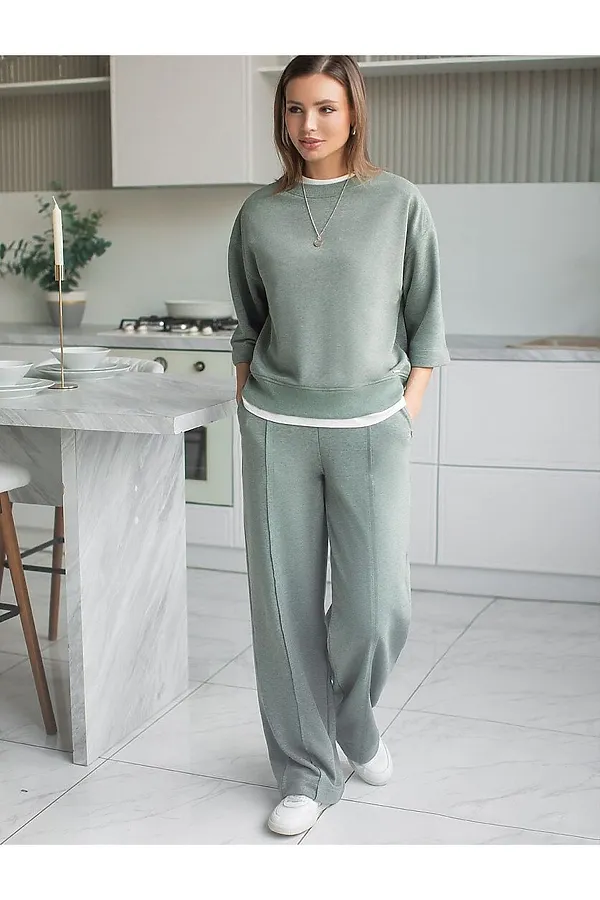 Брюки прямые из премиального футера двухнитки с эластаном VILATTE, оливковый меланж - фото 2