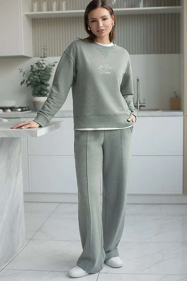 Джемпер из петельчатого футера двухнитки с эластаном VILATTE, оливковый меланж_dreams - фото 2