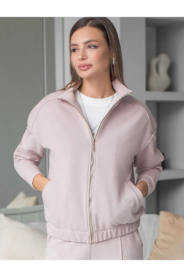 Бомбер среднего объема на молнии из петельчатого футера двухнитки с эластаном VILATTE, макиато меланж - фото 2