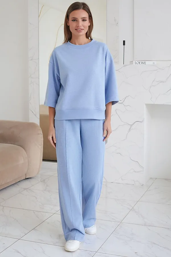 Свитшот свободный из петельчатого футера двухнитки с эластаном VILATTE, голубой меланж - фото 2