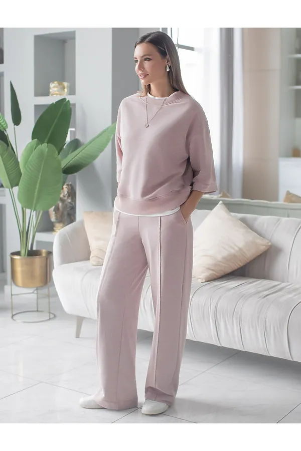 Свитшот свободный из петельчатого футера двухнитки с эластаном VILATTE, макиато меланж - фото 2