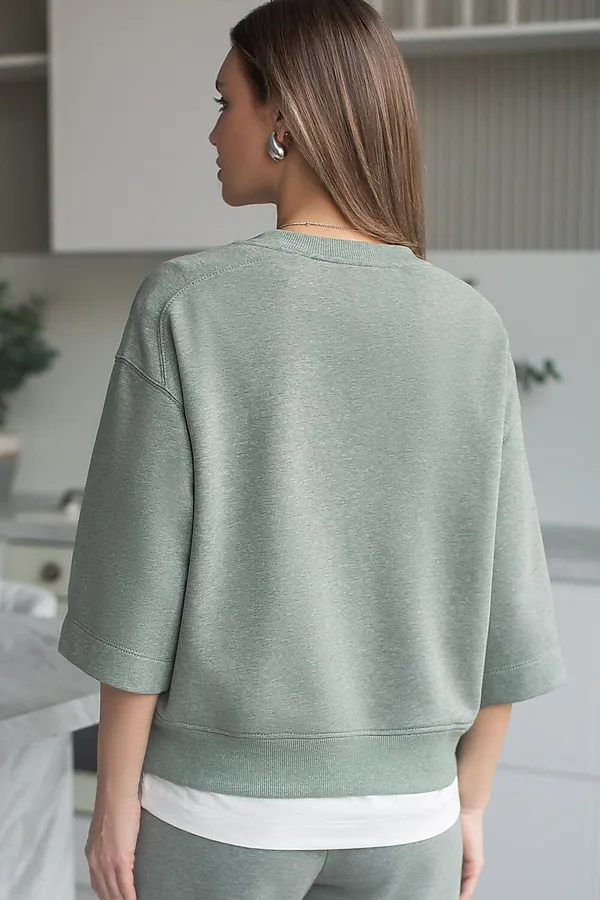 Свитшот свободный из петельчатого футера двухнитки с эластаном VILATTE, оливковый меланж - фото 2