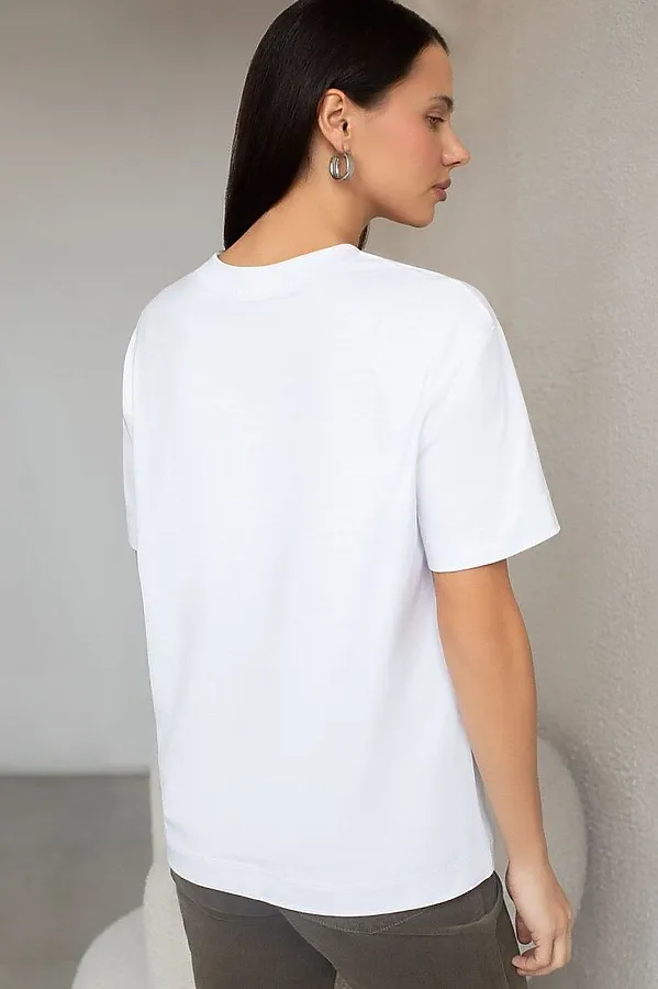 Свободная футболка с принтом из премиального хлопка с эластаном VILATTE, белый_everyday - фото 2