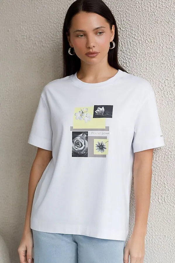 Свободная футболка с принтом из премиального хлопка с эластаном VILATTE, белый_flower_power - фото 2