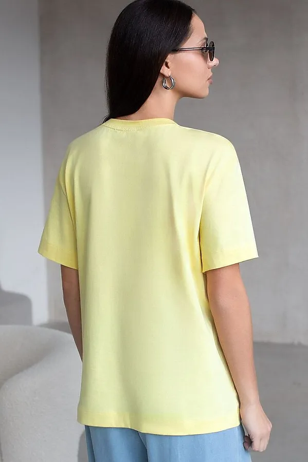 Свободная футболка с принтом из премиального хлопка с эастаном VILATTE, лимонный_love - фото 2