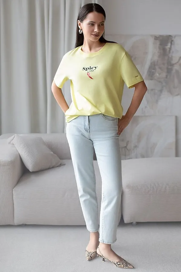Свободная футболка с принтом из премиального хлопка с эластаном VILATTE, лимонный_spicy - фото 2