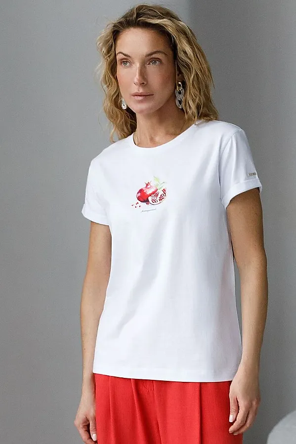 Свободная футболка с принтом из премиального хлопка с эастаном VILATTE, белый_pomegranate - фото 2