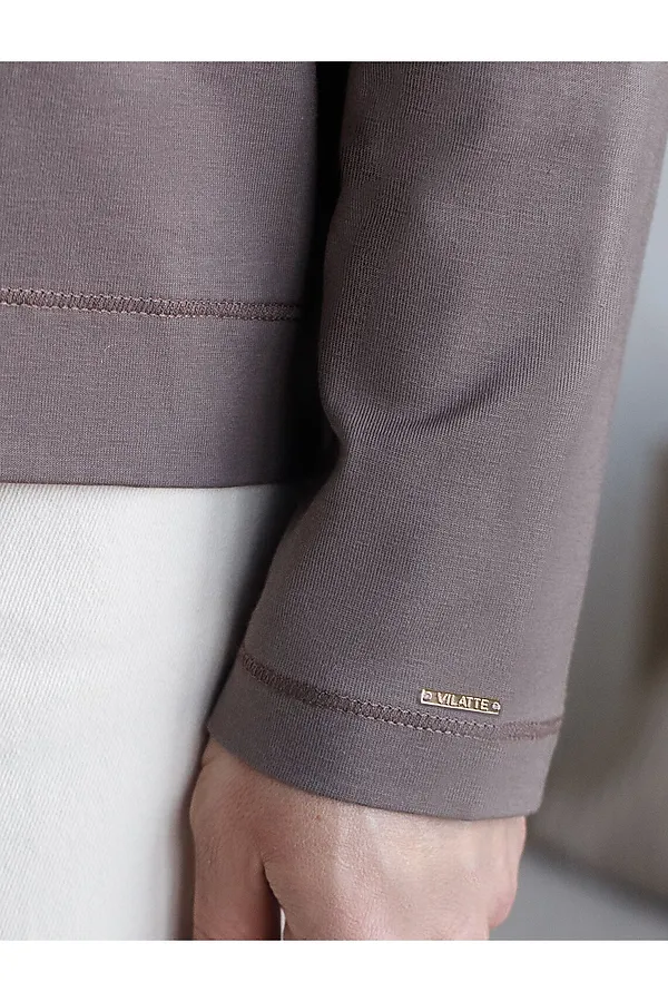 Базовый лонгслив из премиального хлопка с эластаном VILATTE, кофейный - фото 2