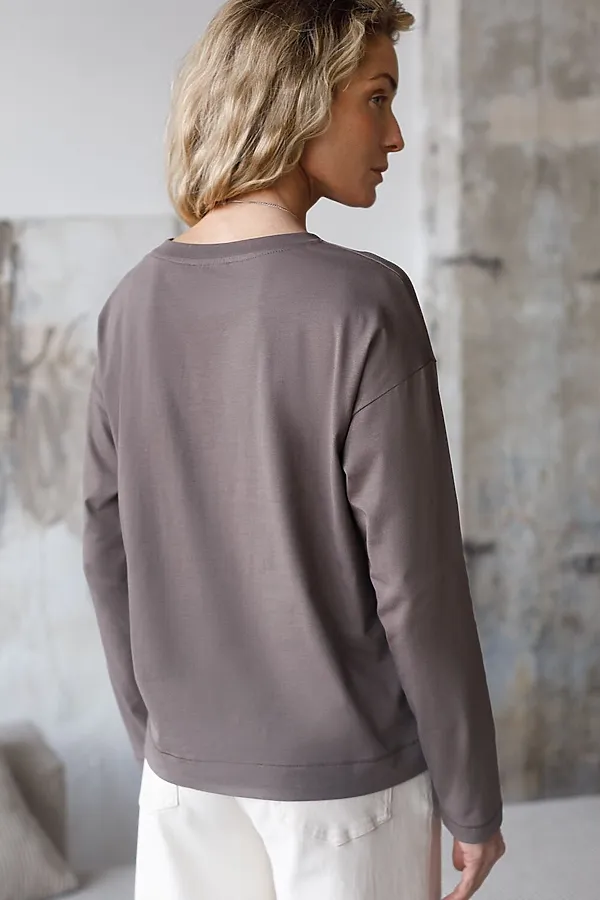 Базовый лонгслив из премиального хлопка с эластаном VILATTE, кофейный - фото 2