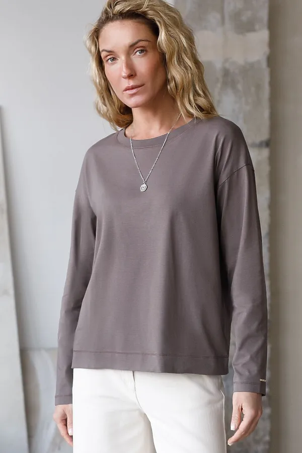 Базовый лонгслив из премиального хлопка с эластаном VILATTE, кофейный - фото 2