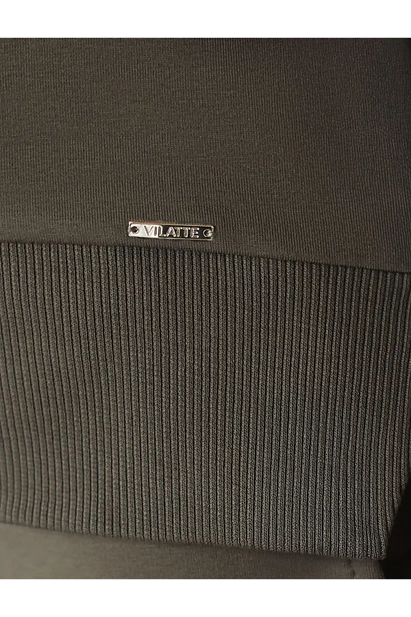 Свободный свитшот с принтом и разрезами из эластичного футера двухнитки без начеса VILATTE, хаки_athleisure mood - фото 2