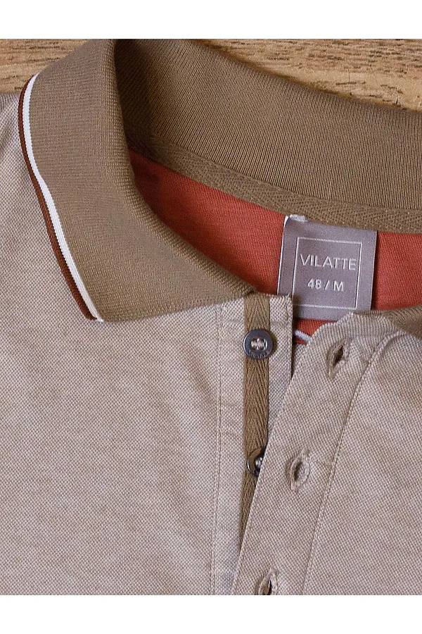 Футболка поло с воротником на пуговицах из полотна пике с меланжевым плетением с эластаном VILATTE, бежевый меланж - фото 2