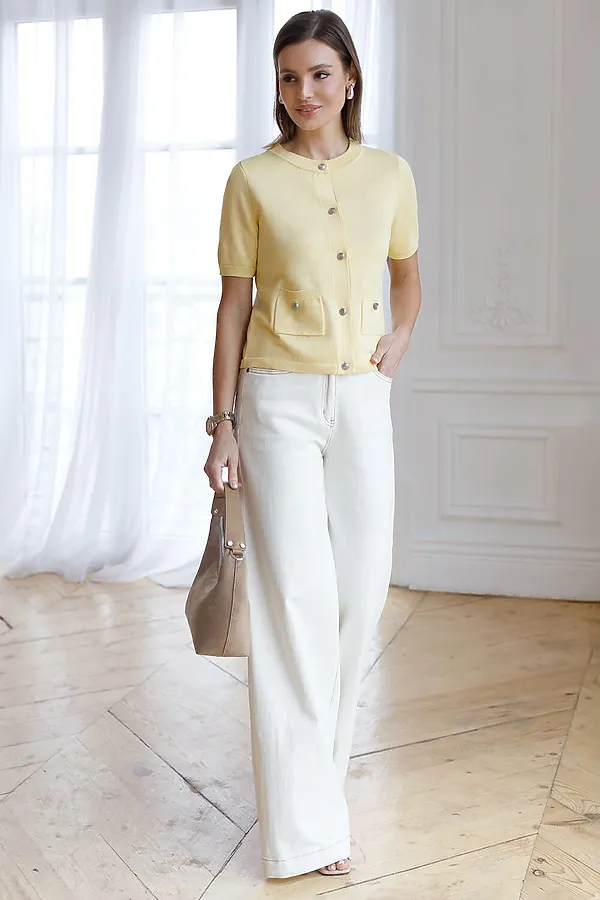 Кардиган c коротким рукавом вязаный из хлопка с акрилом VILATTE, светло-желтый - фото 2