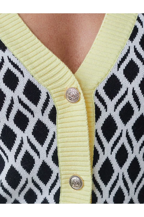Кардиган с V-вырезом жаккардовой вязки с принтом ромб VILATTE, белый-черный - фото 2