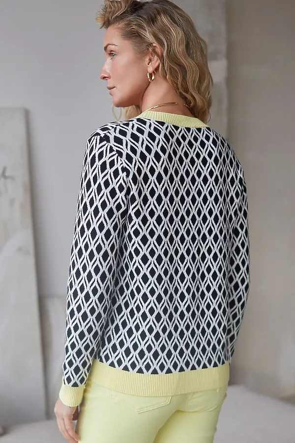 Кардиган с V-вырезом жаккардовой вязки с принтом ромб VILATTE, белый-черный - фото 2