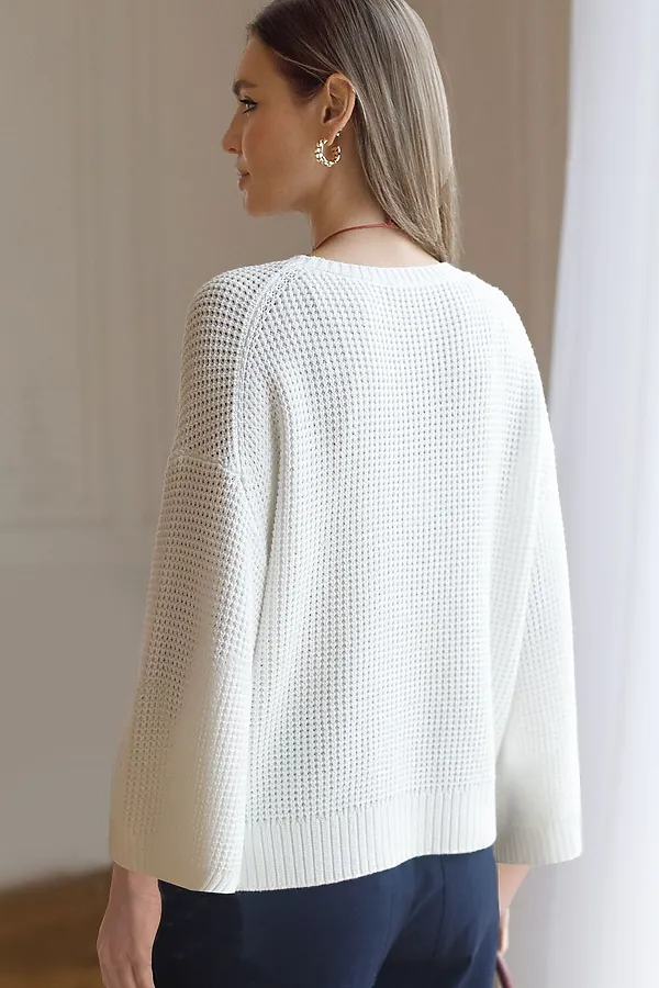 Укороченный джемпер с широкими рукавами рельефной вязки из хлопка с акрилом VILATTE, белый - фото 2