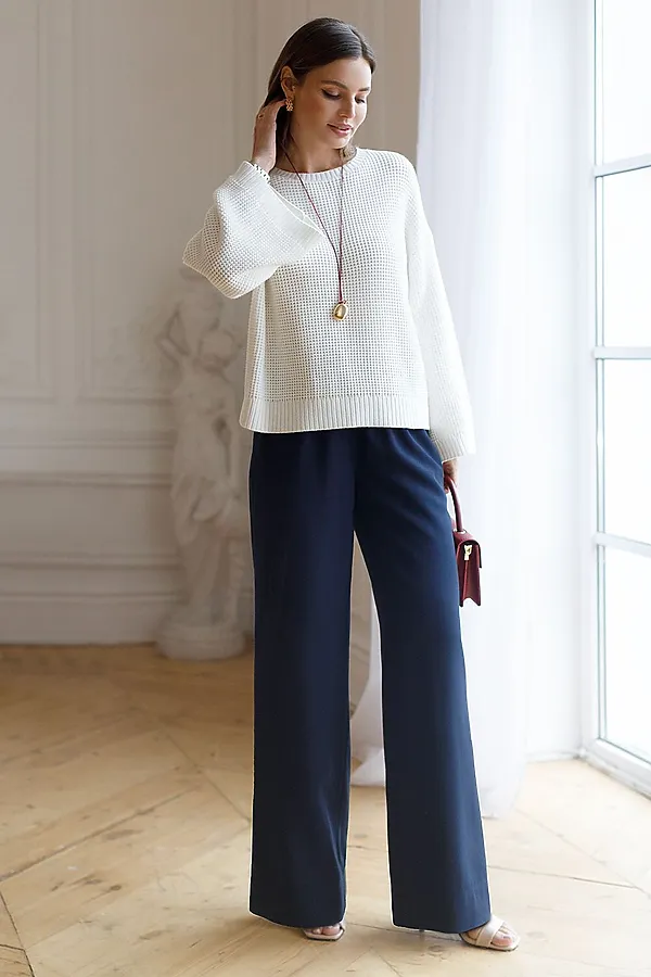 Укороченный джемпер с широкими рукавами рельефной вязки из хлопка с акрилом VILATTE, белый - фото 2