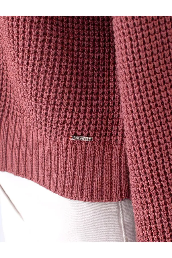 Укороченный джемпер с широкими рукавами рельефной вязки из хлопка с акрилом VILATTE, пыльно-розовый - фото 2